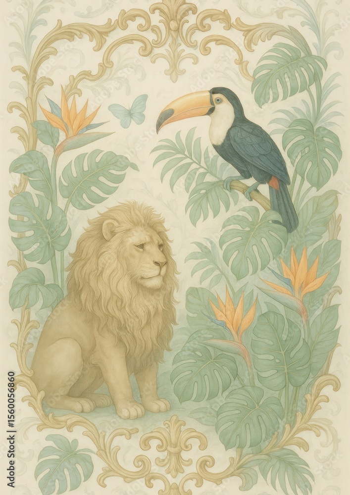 Fototapeta premium Elegant jungle scene with lion.