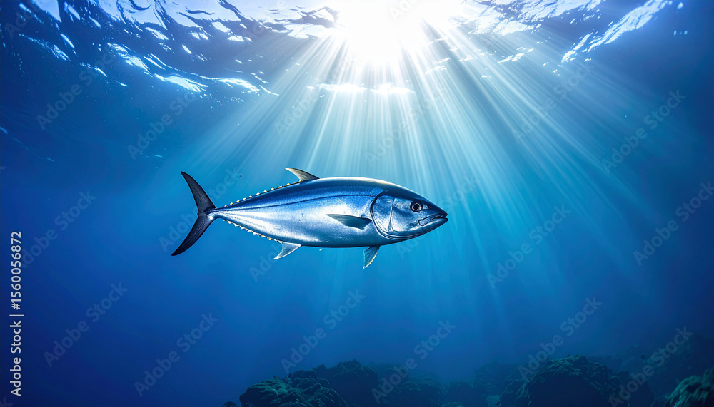 Fototapeta premium Underwater Majesty: A majestic tuna glides through the deep blue sea, its streamlined body shimmering under the penetrating sunlight, a vibrant display of underwater life.