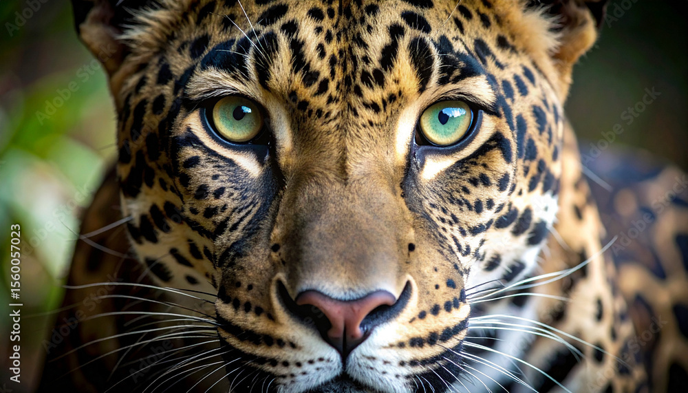 Obraz premium Jaguar's Gaze: The captivating gaze of a jaguar, with its piercing green eyes, showcases the animal's power and beauty in a lush natural environment.
