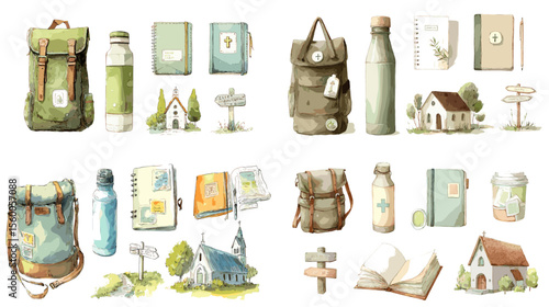 Christian travel and pilgrimage watercolor items including backpacks, books, bottles, maps, and churches, perfect for faith-based journeys and spiritual trips.

