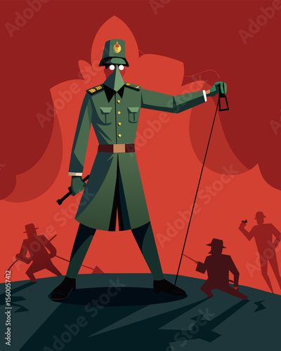 A soldier on the battlefield controlled by a shadowy leader pulling the strings of war.. Vector illustration