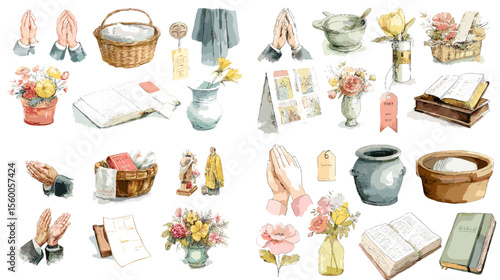 Watercolor elements of prayer hands, holy books, flowers, rosaries, and religious objects, perfect for Christian devotion and peaceful faith themes.

