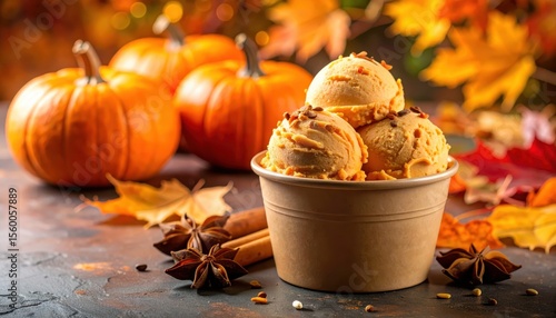 Fototapeta Naklejka Na Ścianę i Meble -  Pumpkin spice ice cream in a cup surrounded by autumn leaves, pumpkins, and warm spices on a dark background