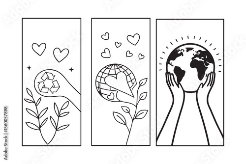 Recycling, Earth Love, and Global Care Icons in Three