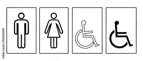 Toilet icons set, common male and female restrooms, handicap wheelchair access, sanitizer liquid soap, WC direction, baby changing table room, toilet signs