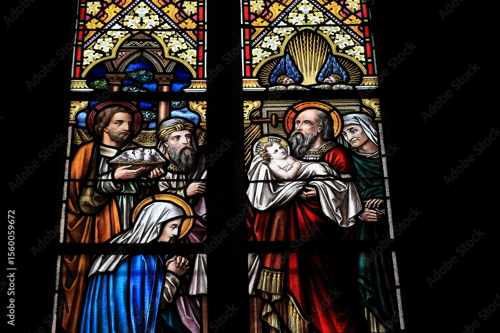 Fototapeta premium Sint Laurentiuskerk Church Stained Glass Window Detail with Nativity Scene in Alkmaar, Netherlands