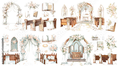 Watercolor elements of Christian wedding church decor including altar, pews, arches, flowers, and ceremonial objects, ideal for religious and romantic themes.

