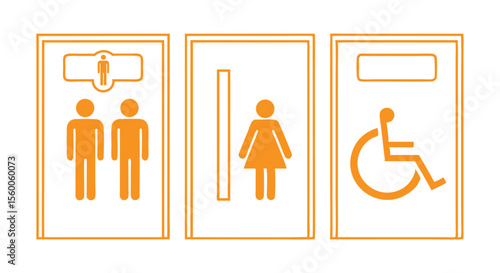 Toilet icons set, common male and female restrooms, handicap wheelchair access, sanitizer liquid soap, WC direction, baby changing table room, toilet signs