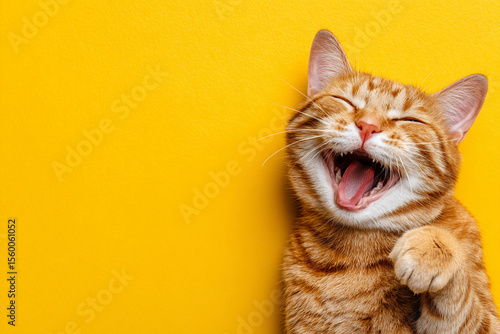 Happy Smiling Cat Sitting on Bright Yellow Background