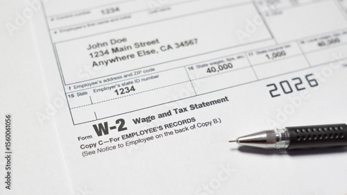 Tax document for the IRS W-2 Tax form in office or at home