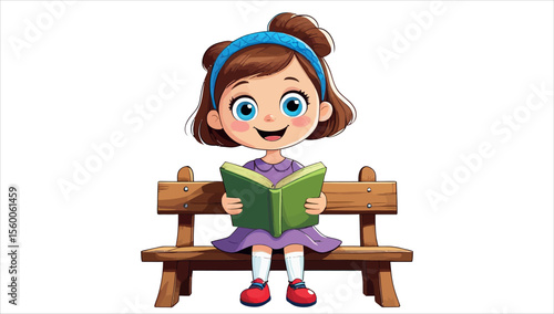 Cartoon girl happily reading a book, a vector illustration of childhood education