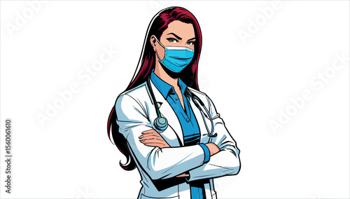 A female doctor with a stethoscope and wearing a mask