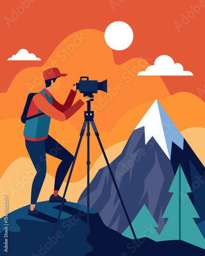 A photographer captures stunning shots from the top of a mountain using their solarpowered portable workstation to edit and submit them to clients.. Vector illustration