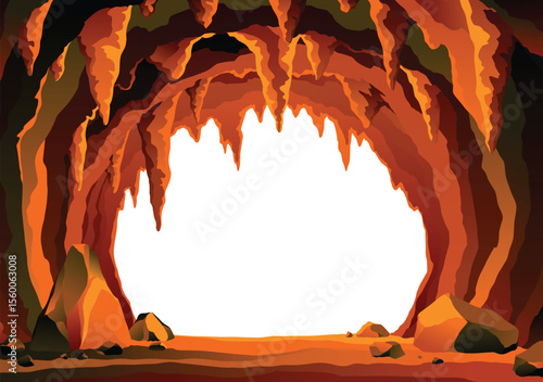 Cave landscape. Stone cave entrance with empty white space inside. Prehistoric dungeon entrance, rock cavern game illustration. Vector image of tunnel in mountain or mine in rocks