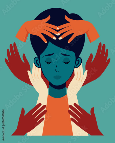A pair of hands holding onto a persons head squeezing it tightly in a vicelike grip.. Vector illustration