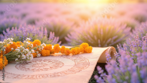 Mandala Yoga Mat in Blooming Lavender Field at Sunrise – Calm Nature Meditation Scene
