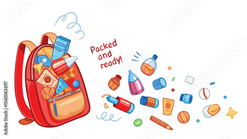 Red backpack with various items falling out and the text packed and ready on a white background scene