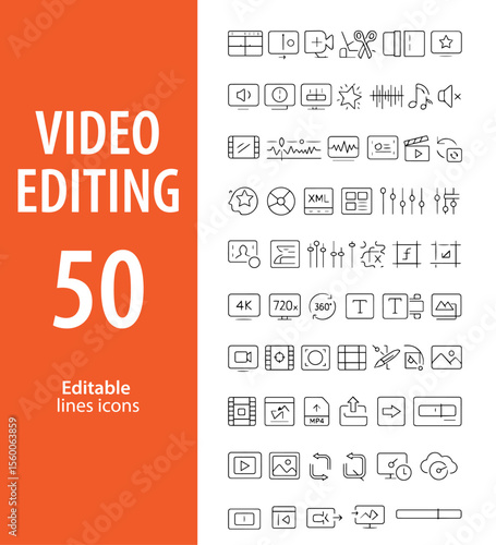 Video Editing Line Icons, Playhead, Timeline, Cut, Merge, Audio Sync, Export, and More , Editable Formats: AI, EPS, JPG, PNG , Ideal for Both Digital and Print Use
