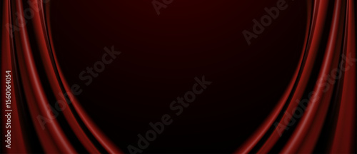 Red theatrical curtains opening on a dark stage