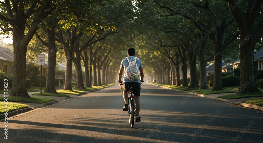 Fototapeta premium Serene Cycling Man Riding Bike Down Tree-Lined Street