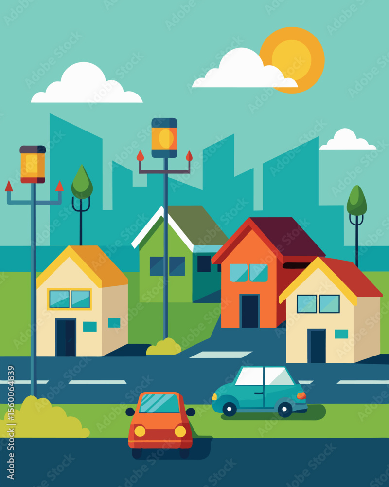 A suburban neighborhood with solarpowered streetlights each equipped with a charging point for electric cars parked on the street.. Vector illustration A suburban neighborhood with solarpowered streetlights each equipped with a charging point for electric cars parked on the street.. Vector illustration