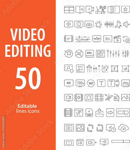 Video Editing Line Icons, Playhead, Timeline, Cut, Merge, Audio Sync, Export, and More , Editable Formats: AI, EPS, JPG, PNG , Ideal for Both Digital and Print Use