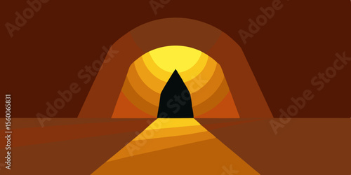 Sunset over the Egyptian desert pyramids, a symbolic light at the end of the tunnel, illuminates the ancient landscape