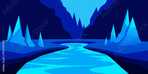 Night landscape illustration: serene lake and mountains under a starry sky with a hint of moonlit snow