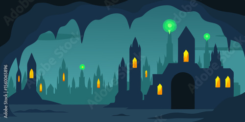 Night city vector illustration: urban skyline with towering buildings and moonlit sky