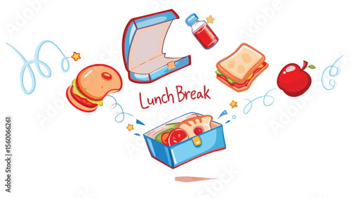Illustration of a lunch break scene with a sandwich burger apple and a juice bottle in a box design