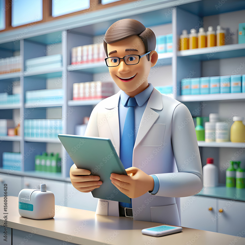 Cartoon pharmacist in a white coat and blue tie reviewing documents at a pharmacy counter. Smiling male pharmacist using a tablet in a modern pharmacy setting. Cartoon pharmacist in a white coat and blue tie reviewing documents at a pharmacy counter. Smiling male pharmacist using a tablet in a modern pharmacy setting.