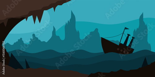 Sunset illuminates a serene mountain landscape with a lone boat gently resting on a calm lake, reflecting the vibrant sky
