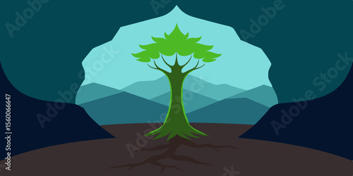 Desert landscape vector illustration with a lone tree silhouette against a sunset sky and distant mountains