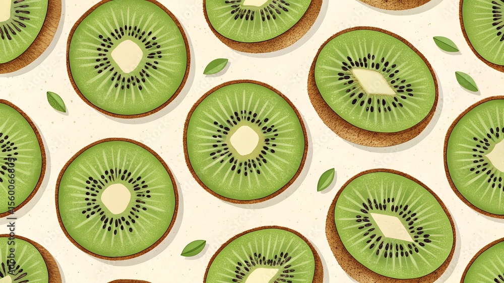 Fototapeta premium A repeating pattern of sliced kiwis with green flesh, black seeds, and brown fuzzy skin, set against a light background with scattered black dots.