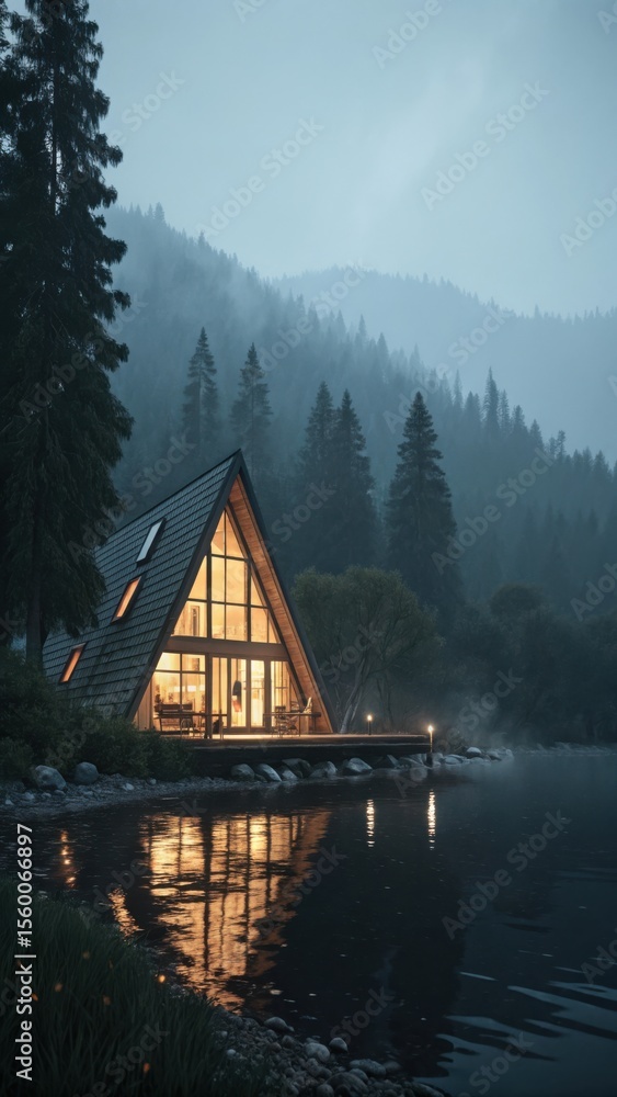Fototapeta premium A frame cabin illuminated by warm light on a misty lake surrounded by forest trees at dusk