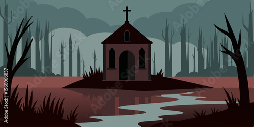 Historic orthodox church architecture: a cathedral or ancient monastery with a prominent dome and cross, nestled on a hill within a forest, its towers reaching towards the night sky