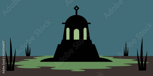 Vector illustration of an ancient Orthodox church silhouette, a religious landmark with a cross and dome against the sky, perfect for travel and history themes