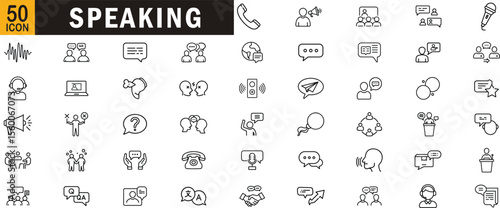 Speaking editable outline icon set. Communication, dialogue, public speaking, audio, discussion and more.
