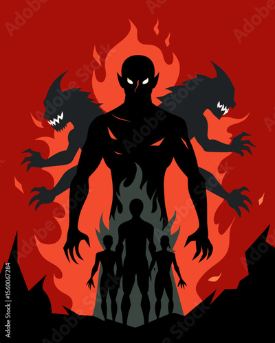 A dark faceless silhouette locked in an unrelenting struggle with their own inner demons representing the internal battle of overcoming personal fears and insecurities.. Vector illustration