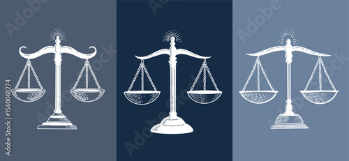 Scales of justice on white, hand drawn illustrations.	
