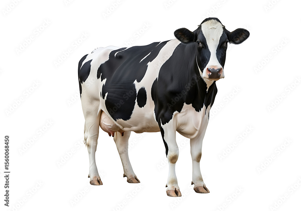 A black and white holstein friesian dairy cow stands facing forward on a white background A black and white holstein friesian dairy cow stands facing forward on a white background
