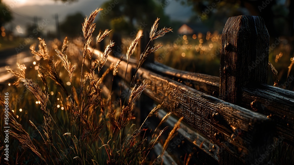 Fototapeta premium Golden Hour Light on Rustic Wooden Fence Surrounded by Dry Grass in Countryside perfect for autumn landscape photography, rural lifestyle branding, country living editorials nostalgic seasonal posters