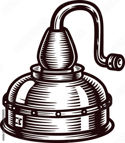 Hand drawn copper alembic still isolated on white background vintage engraved distillation apparatus illustration