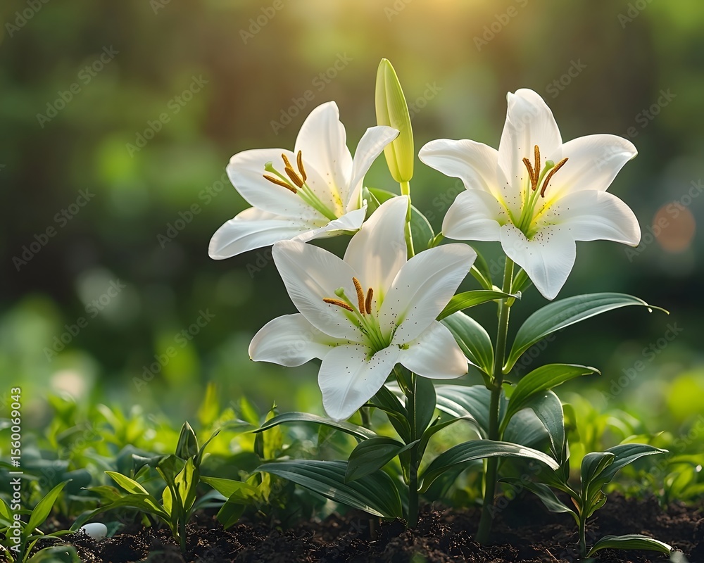 Obraz premium Blooming Easter lilies in a green spring garden