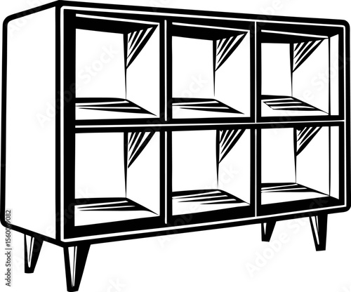 Hand drawn six compartment bookshelf illustration with retro mid century modern design and bold black line art