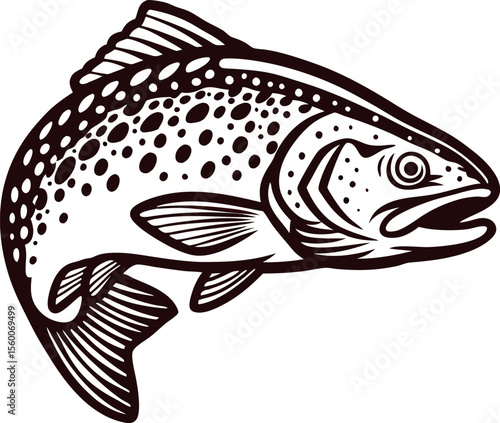 Black and white illustration of a trout fish with spotted pattern and curved body isolated on white background