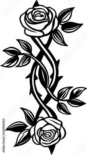 black and white illustration of two blooming roses with entwined thorny stems and detailed leaves