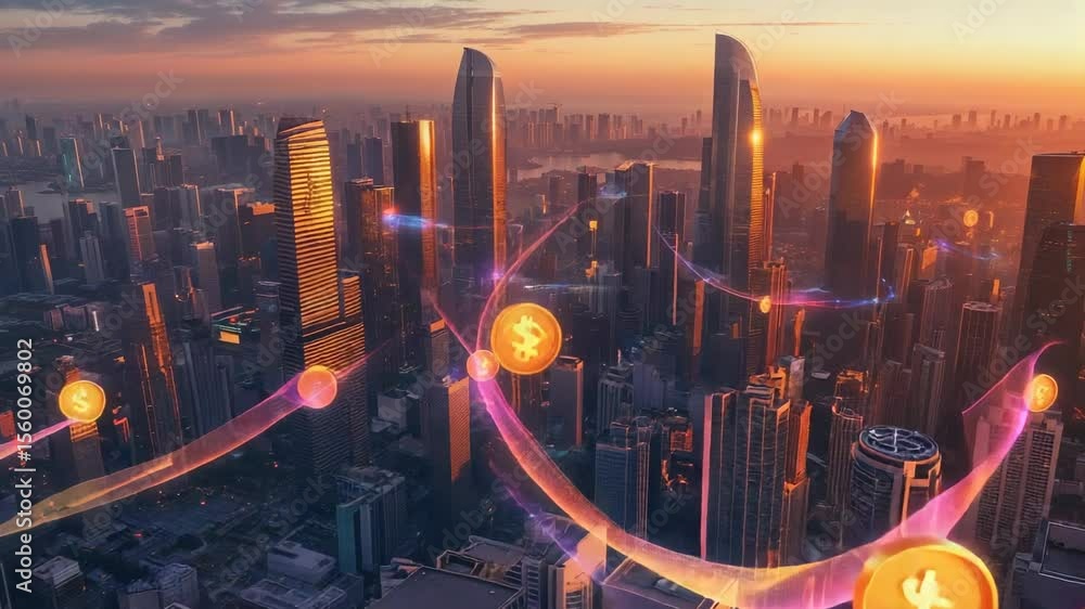 Emerging energy ribbons carrying golden crypto coins through city skyline at dusk, showing exchange