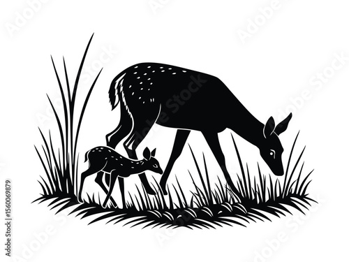 Silhouette of Deer and Fawn in Tall Grass Black and White Wildlife Illustration