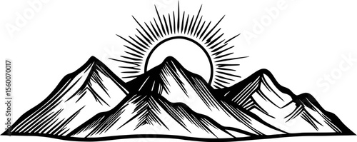 Hand drawn mountain landscape with sun rising behind peaks vintage engraved line illustration isolated on white background